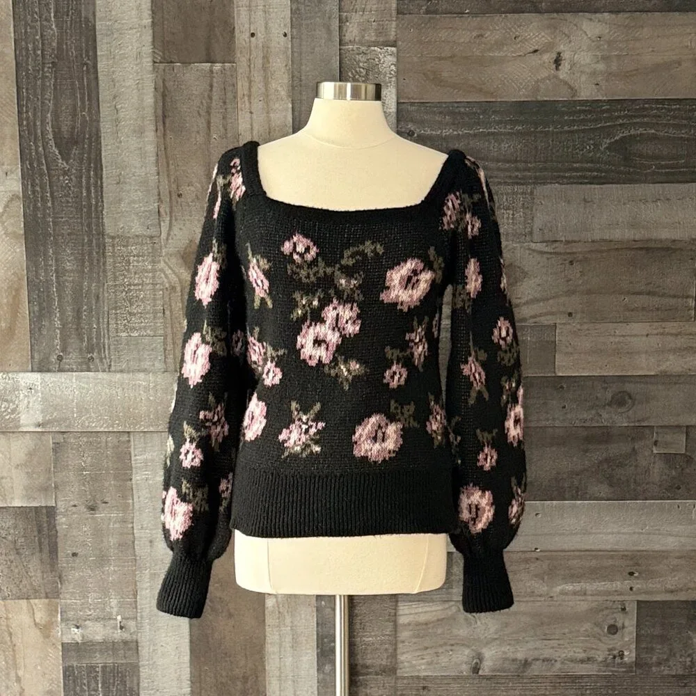 Anthropologie black bishop sleeve sweater medium rose floral dark feminine